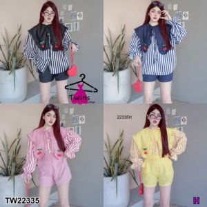 ฺB22335 set 2 ชิ้น เสื้อลายริ้วปกใหญ่ ติดอะไหล่ + กางเกงขาสั้น2-piece set: striped shirt with large collar and accessories + shorts