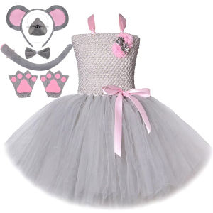 Pink Gray Mouse Tutu Dress for Baby Girls Grey Rat Costumes with Ears Bow Tie Tail Kids Animal Carnival Outfit Birthday Clothes