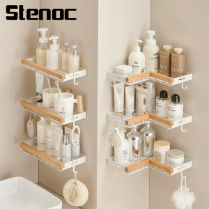 Stenoc Walnut Wood Black Black/White Wall Mounted Bathroom Storage Rack Storage Rack Tripod Bathroom Accessories Corner Shelf