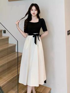 Plus Size Womens Summer New Arrival Loose-Fit Slimming Sense of Design Black and White Patchwork Tea Break French Hepburn Style Dress