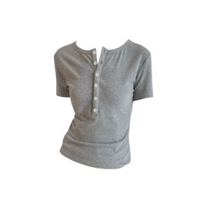 YUEZHONGWEI | เสื้อยืดแขนสั้นทรงสลิมฟิตสำหรับผู้หญิง สไตล์อเมริกัน สีเทา ฤดูร้อน 2025 ใหม่ ขายดี ขนาดเล็ก เสื้อตัวบน