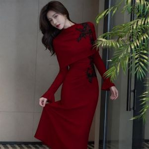 SHANGSHA | Occasion Wear Elegant Red Knit Dress Set