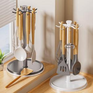 Stainless Steel Kitchen Pot Spoon Holder Stand Rotating Multi-Function Floor Mounted Countertop Hook Scissors Storage Rack