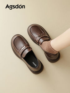 Agsdon Brown Thick Heel Loafers Womens Autumn Style 2025 New Coarse Heel Single Shoes Very Attractive British Style Leather Shoes