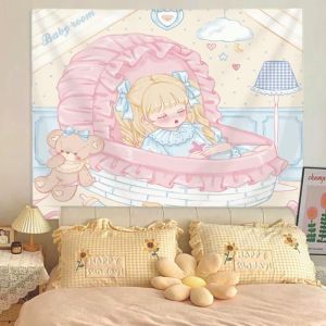VIKAMA European Garden Angel Bear Tapestry Cupid Cute Bear Background Linen Dormitory Decoration Tapestry Room Decoration