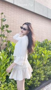 HJYN | Áo kiểu cột nơ cách điệu chân váy xoè màu muối tiêu chất liệu linen premium