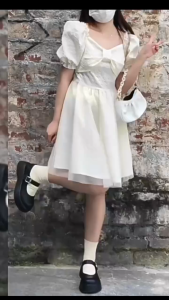 #COD Korean Dress for Women Casual Sweet Bow Bubble Sleeve Cinching Waist To Show Off Thinness Dress