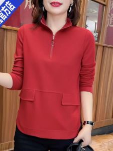 เสื้อยืดคอกลมแขนยาวสีพื้นทรงหลวมสำหรับฤดูใบไม้ร่วง แฟชั่นสำหรับคุณแม่ ทรงหลวม ปกโปโล ทรงหลวม ปกโปโล