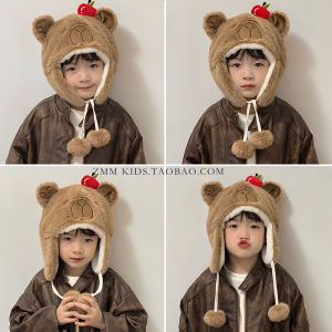 Warm Winter Hat for Boys Cute Cartoon Design Non-Folding Elastic Band Closure Ear Protection Thickened Cotton Travel Outdoor Cap