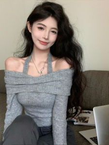 เสื้อสเวตเตอร์ถักคอวีแขนยาวทรงสลิมฟิตสำหรับผู้หญิงในฤดูใบไม้ผลิและฤดูใบไม้ร่วง เสื้อคลุมกันหนาวแบบสวมหัว แขนกระดิ่ง ปกคอกลม สีสันสดใส