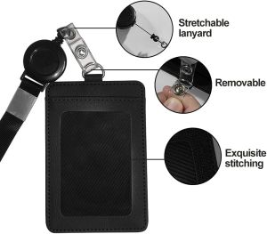 ID Badge Holder with Lanyard Heavy Duty Retractable PU Leather Vertical Horizontal ID Card Holders