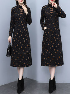 Winter New plus Size Thickened Fleece Lined Slimming Warmth Enhancing Traditional Cheongsam Dress A-Line Midi Skirt for Women