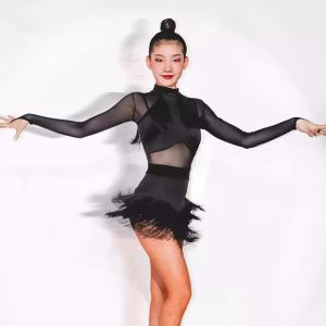 Black Long Sleeve Tassel Design Latin Performance Women Dress Ballroom Samba Tango