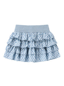 กระโปรงสั้นลายดอกไม้สีฟ้าสไตล์อเมริกันสำหรับผู้หญิงในช่วงฤดูร้อน กระโปรงทรงเค้กเอวกลางกระโปรงสั้นทรงเข้ารูปกระโปรงสั้น