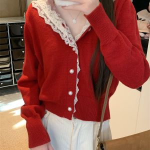 Red Lace Knitted Sweater Womens Style Christmas New Year Chinese Zodiac Year Hat Design Winter Inner Wear Base Top
