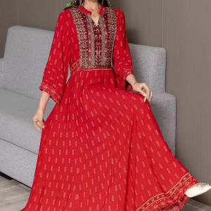 Bohemian Long Dress Embroidered V-neck Slimming Lantern Sleeve Maxi Skirt Womens Cotton Polyester Spring Summer Autumn