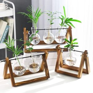 Creative Wooden Frame Hydroponic Vase Green Rose Glass Container Office Indoor Desktop Green Plant Modern Decoration Decoration