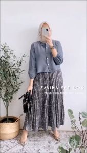 New Zavika Set Rok Plisket dan Kemeja Polo Linen Premium Wanita Dewasa Kekinian Terbaru Viral