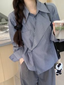 Elegant Korean Striped Shirt Womens Autumn New plus Size Clean  Noble Top Commute Style Loose Fit Long Sleeve Polo Collar