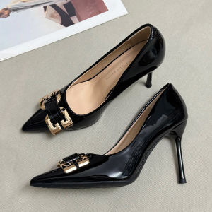 Black Professional Patent Leather Pointed Toe High Heels Womens Spring Autumn New Style Elegance Rhinestone Fashion Semi-Up Single Shoes Thin Heel