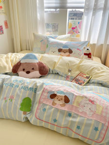 Cute Cartoon Embroidered Cotton Bedding Set for Students 100% Pure Cotton Bed Sheet Cover Quilt Cover Pillowcase Dormitory Three Piece Set