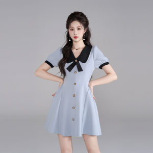 ชุดเดรสแขนพองสีฟ้าสไตล์ฝรั่งเศส คอตุ๊กตา กระโปรงทรงเอ ดีไซน์เก๋ไก๋ สไตล์หวาน ช่วงเอวเข้ารูป ชุดเดรสฤดูร้อนสำหรับผู้หญิง