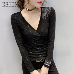 REHIN Winter new sequins inlaid diamond pleated Slim long sleeve T-shirt V-neck trendy women blouse