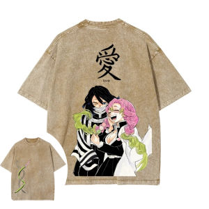 Bandai | Demon Slayer Mens and Womens Washed T-Shirt Mitsuri Kanroji Obanai Iguro Summer Spring Anime Tee Retro Distressed Short Sleeve