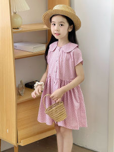 Pink Cotton Gingham Plaid Summer Dress Childrens Clothing  Country Style Full Print Girls Dress A-Line Skirt Short Sleeve
