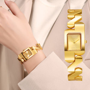 นาฬิกาทอง POEDAGAR สำหรับกันน้ำสำหรับผู้หญิงสไตล์เกาหลีแบบจำนำได้แฟชั่นสแตนเลสนาฬิกาลำลองสี่เหลี่ยม