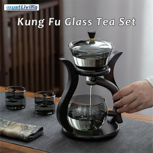 JustLiving Lazy Kung Fu Glass Tea Set Semi Automatic Drip with Infuser Glass Teapot Set Magnetic Switch Teapot Teacup Set Magnetic Water Flow Wooden Glass Teapot Set Drinkware Birthday Gifts