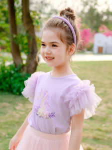 Boatmouse Girls T-shirt Short Sleeve Mesh Cartoon Flower Print Summer Clothes Cotton Blend Fabric round Neckline Korean Style