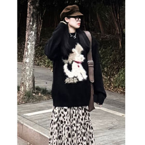 Fancy Black Puppy Jacquard round Neck Knitwear Female Autumn and Winter Loose Soft Glutinous Sweater Lazy Style Long Sleeve Tops