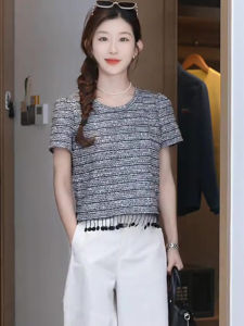 Donna Womens round Neck Knitwear Summer New Style Korean Striped Tassel Top Casual Fashion Short Sleeve Regular Length