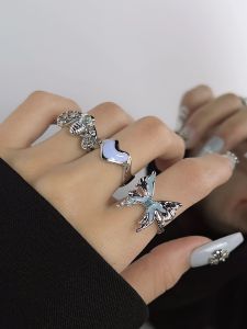 Elegant Butterfly Heart Ring for Women in Blue Unique Design French Ins Style Luxury Open Finger Ring Fashion Jewelry