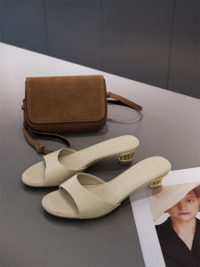 MeiYang Leather Slippers Gold Heel Cat Heel Simple Style Hollow out mid Heel Rubber Sole Daily Wear Pure Color Sandals