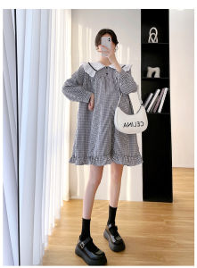 Autumn new pregnant women fashion long sleeve doll collar plaid dress plus size lovely maternity dress