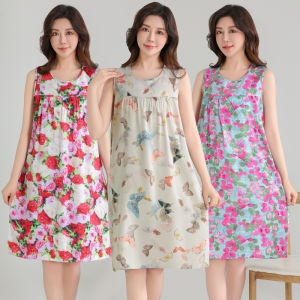 Summer Lightweight Artificial Cotton Sleep Dress Womens Loose Home Clothes Mommy Style Thin Model Long Sleeveless round Neck