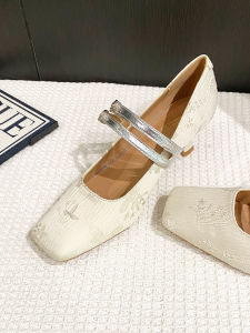 French Low Heel Mary Jane Shoes Womens Buckle Strap Flat Head Fashionable Commuter High Heel Shoes Korean Style Ultra-Fine Fiber Inner Material