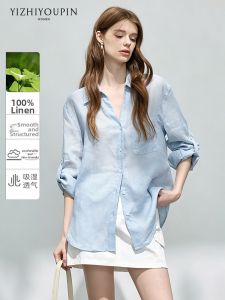 French Vintage Style Ramie Long Sleeve Shirt Light Thin Loose Summer