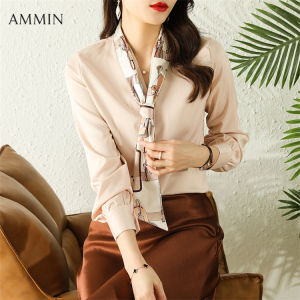 AMMIN Korean style long-sleeved V-neck chiffon shirt For womens new temperament fashion chic print bow ribbon chiffon top