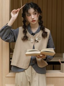 Retro Forest System Washed Cotton Button up Vest Heavy Industry Early Spring Womens Fashion Commute round Neck Short Pure Color