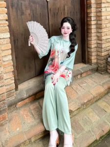 Bộ Quần Áo Lụa Latin Phối Áo Gấm Cổ Trụ Họa Tiết Truyền Thống Việt Nam