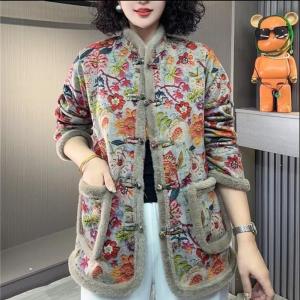 Thickened Winter Chinese Style Floral Print Retro Fashionable Versatile Leopard Pattern Button up Stand Collar Cotton Top