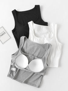 Womens Square Collar Strap Vest Summer Short Sleeveless Integrated Inner Wear Top with Chest Pad Base Shirt