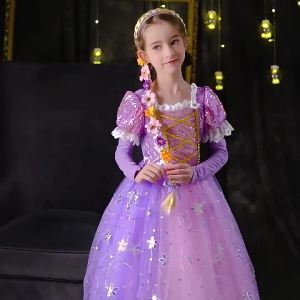 Halloween Children Shiny Tangled Rapunzel Costume Carnival Girls Sequin Puff Sleeve Elegant Sofia Princess Birthday Party Dress