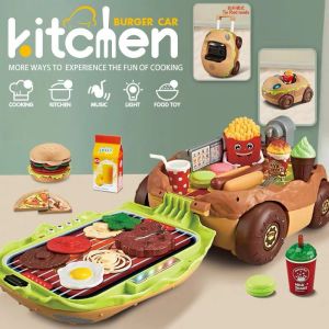 Kids Kitchen Playset Burger-shaped Burger Car with Music and Lights Role Play Simulated Cooking Set Gift for Boy Girls