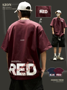 เสื้อยืดแขนสั้นผู้ชาย สีแดง คอตตอนแท้ ทรงหลวม ระบายอากาศได้ดี ใส่สบาย สำหรับฤดูร้อน เสื้อยืดคอกลมพิมพ์ลายอิงส์