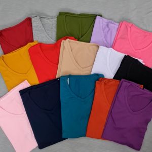 Minola Kaos Oblong V-Neck Wanita Lengan Pendek Atasan Basic Harian