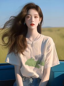 White Printed Short Sleeve T-Shirt Womens New 2025 Unique Fashionable Top Shoulder Width Regular Spring Summer Casual Loose Fit